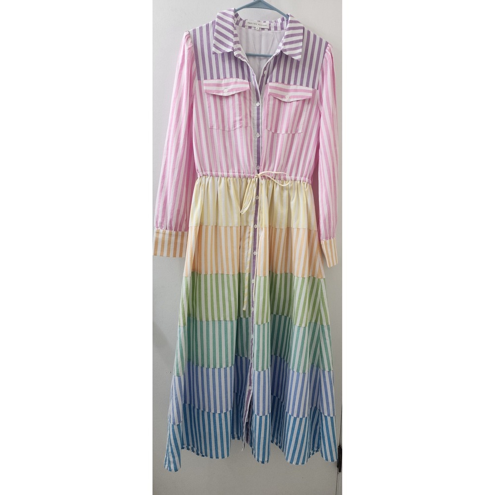 English Factory Rainbow Striped Maxi Shirt Dress HN1883D Pastel Tiered Cotton M